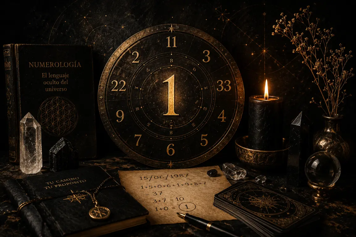 Mystical numerology setup with golden life path numbers, tarot cards, crystals, candlelight, and spiritual symbols in a dark luxury atmosphere